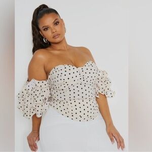 PLUS CREAM POLKA DOT RUFFLE PUFF SLEEVE BARDOT CROP TOP in Size 24